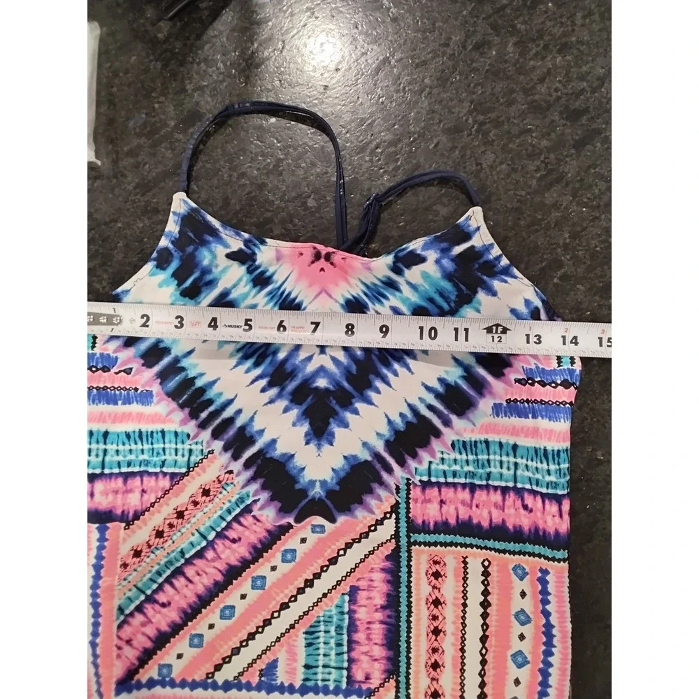 Justice Girls Reversible‎ One Piece Swimsuit Tie Dye Tribal Blue Pink Size 12